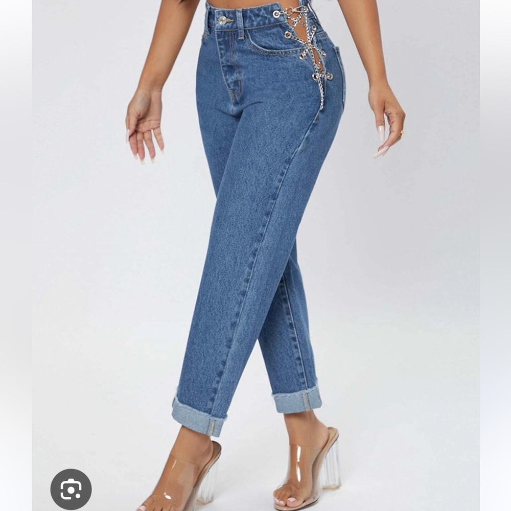 SHEIN  Blue cuffed Jeans Chain Lace Up Side Size L Women Casual AH15